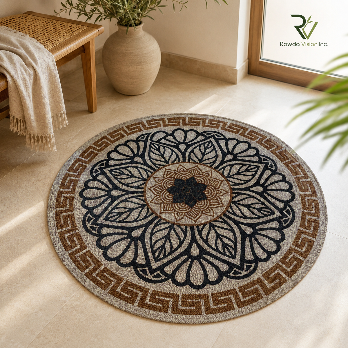 Jute Printed Round Rug (black)