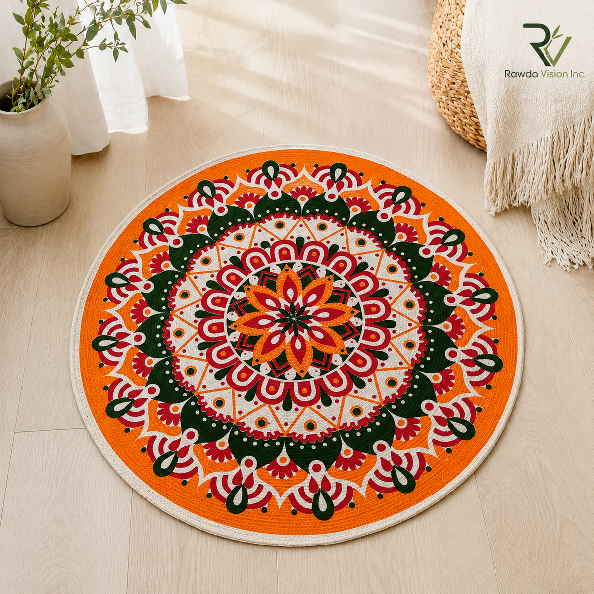 Jute Printed Round Rug (orange)
