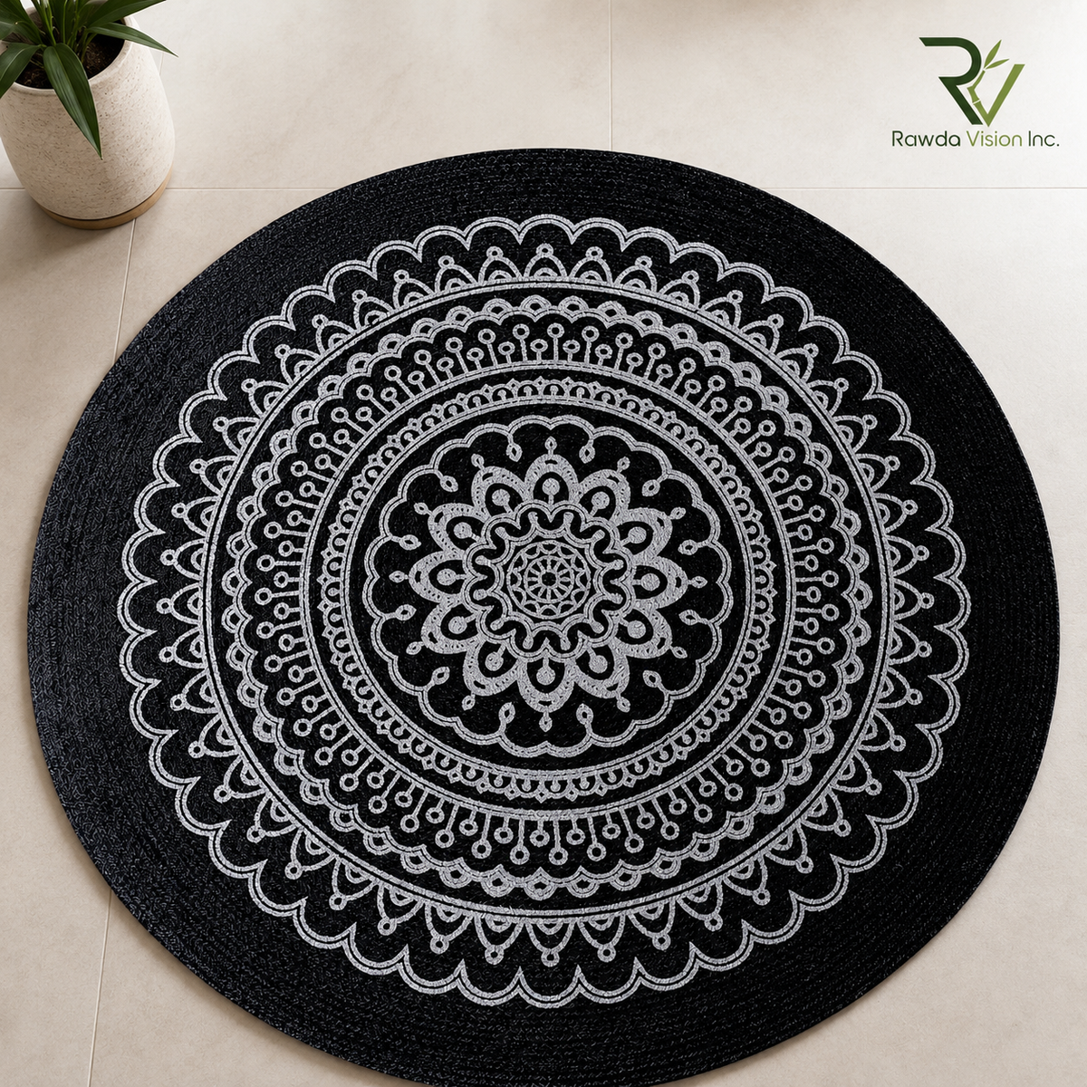 Jute Printed Round Rug (blue)